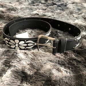 Black Embroidered Floral Faux Leather Belt with Silver Studs